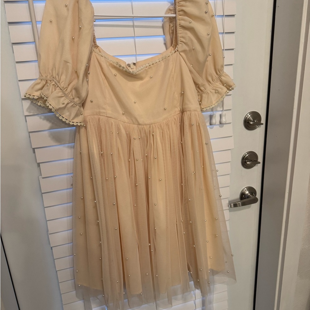 Chic Cream Mini Dress with Pearl Accents